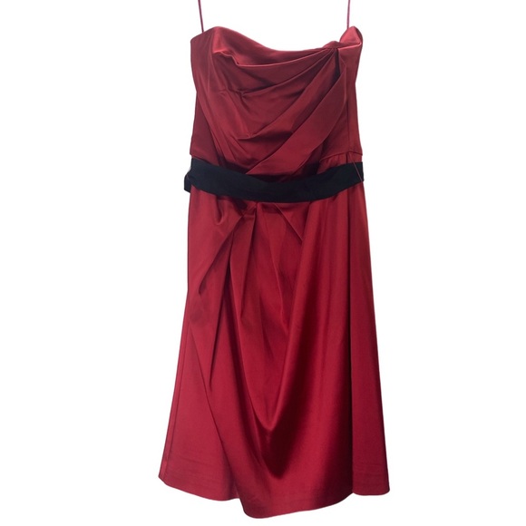 Strapless Red Party Prom Dress Sz 6 Black Sash Short Sexy Pleated Bodice 7” Slit - Picture 1 of 11